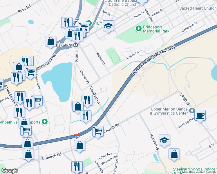 map of restaurants, bars, coffee shops, grocery stores, and more near 300 Manor Lane in King of Prussia