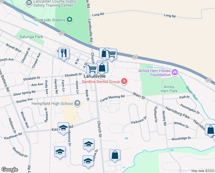 map of restaurants, bars, coffee shops, grocery stores, and more near 315-375 Camp Meeting Road in Salunga-Landisville