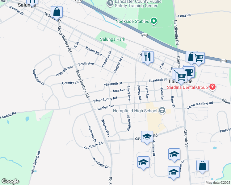 map of restaurants, bars, coffee shops, grocery stores, and more near 110 Ann Avenue in Salunga-Landisville