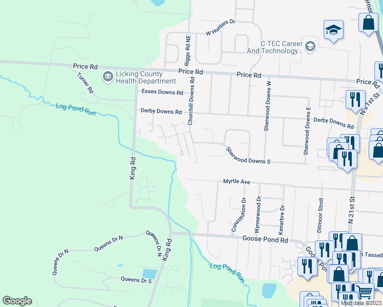 map of restaurants, bars, coffee shops, grocery stores, and more near 1660 Churchill Downs Road in Newark