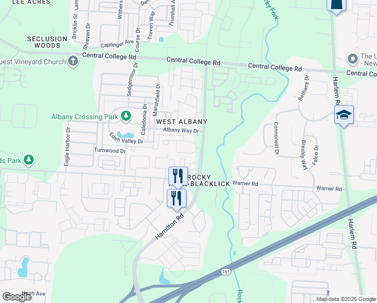 map of restaurants, bars, coffee shops, grocery stores, and more near 6300 Calebs Creek Way in Westerville
