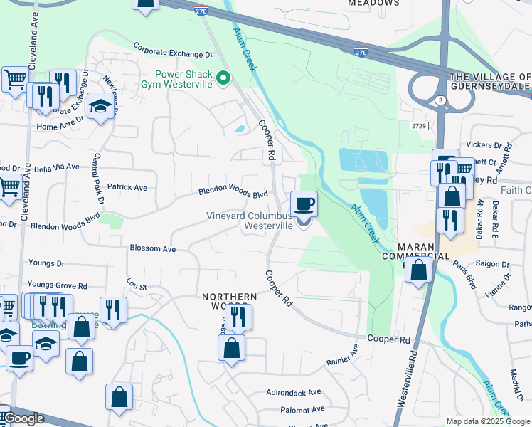 map of restaurants, bars, coffee shops, grocery stores, and more near 3030 Cooper Bluff Drive in Columbus