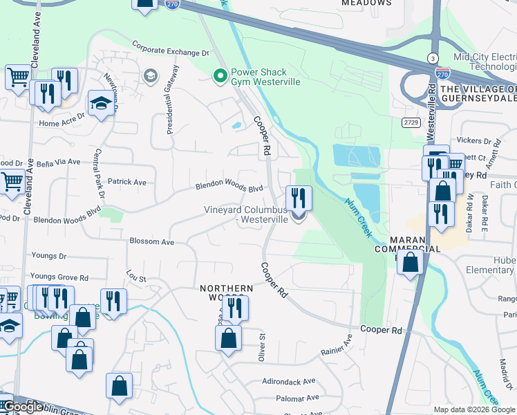 map of restaurants, bars, coffee shops, grocery stores, and more near 3030 Cooper Bluff Drive in Columbus