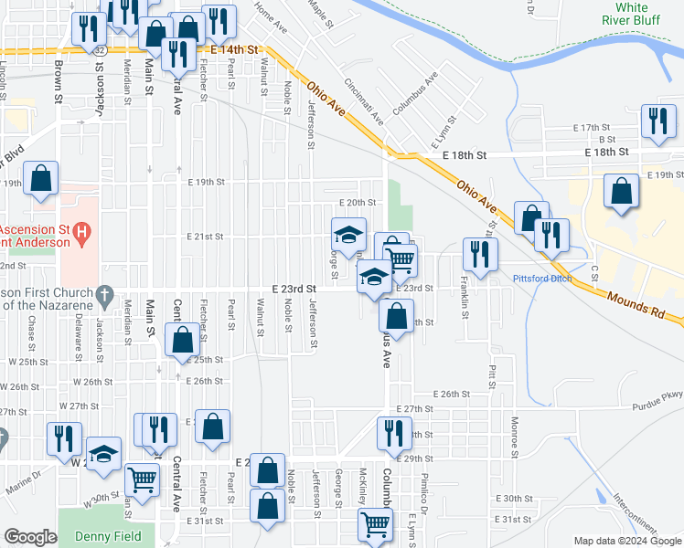 map of restaurants, bars, coffee shops, grocery stores, and more near 730 East 23rd Street in Anderson