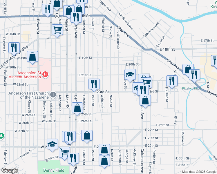 map of restaurants, bars, coffee shops, grocery stores, and more near 507 East 23rd Street in Anderson