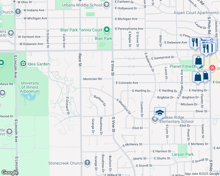map of restaurants, bars, coffee shops, grocery stores, and more near 203 East Mumford Drive in Urbana