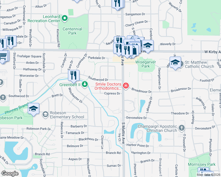 map of restaurants, bars, coffee shops, grocery stores, and more near 1811 Cypress Drive in Champaign