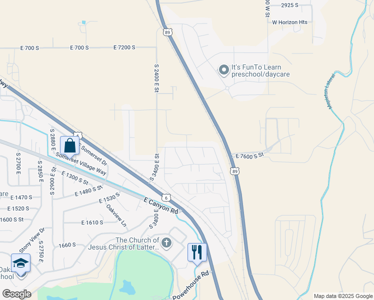 map of restaurants, bars, coffee shops, grocery stores, and more near South 3550 East in Spanish Fork