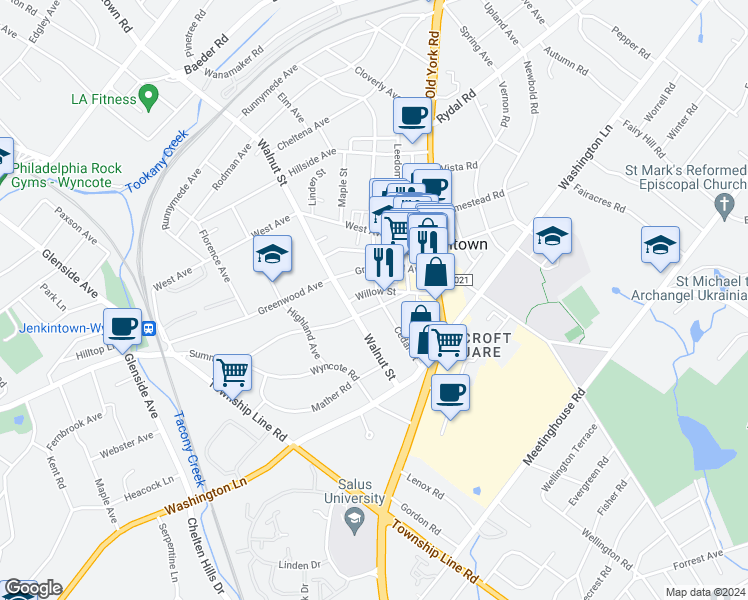 map of restaurants, bars, coffee shops, grocery stores, and more near 511 Summit Avenue in Jenkintown