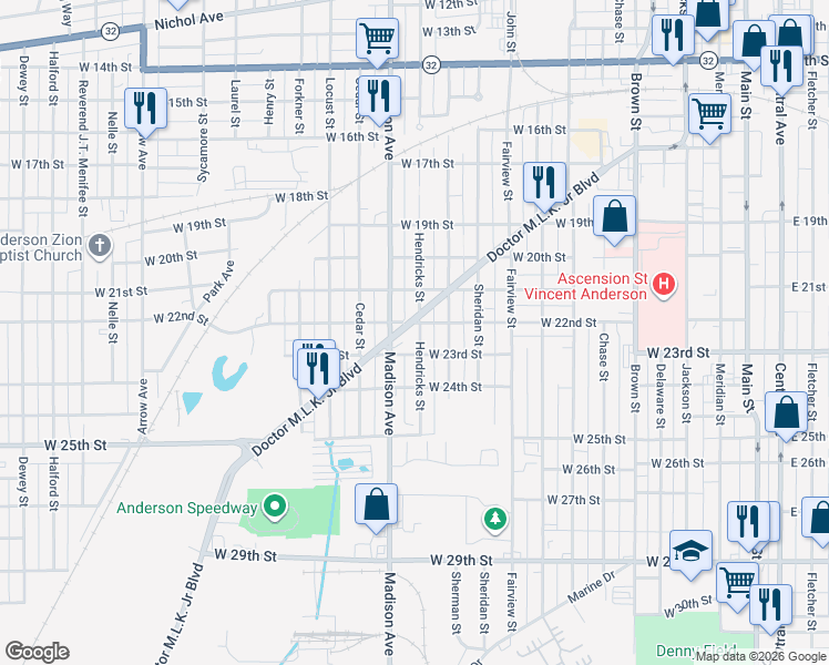 map of restaurants, bars, coffee shops, grocery stores, and more near 2228 Hendricks Street in Anderson