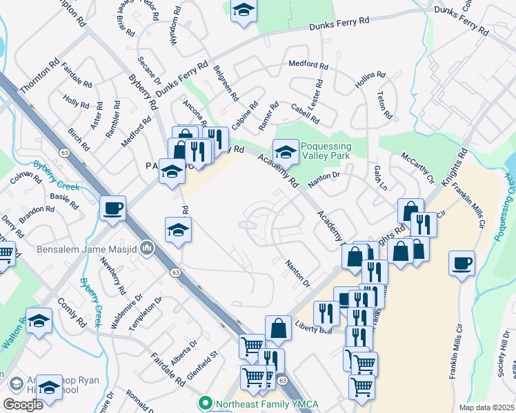 map of restaurants, bars, coffee shops, grocery stores, and more near 12536 Deer Run Road in Philadelphia