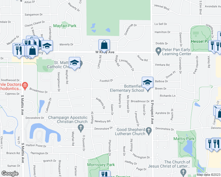 map of restaurants, bars, coffee shops, grocery stores, and more near 1732 Lincoln Road in Champaign