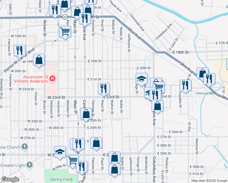 map of restaurants, bars, coffee shops, grocery stores, and more near 507 East 23rd Street in Anderson