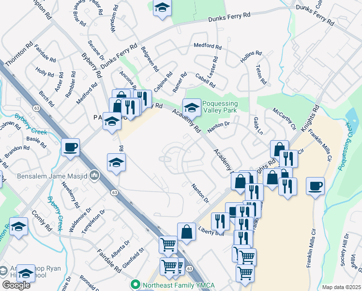 map of restaurants, bars, coffee shops, grocery stores, and more near 12536 Deer Run Road in Philadelphia