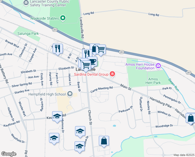 map of restaurants, bars, coffee shops, grocery stores, and more near 360 West Main Street in Salunga-Landisville