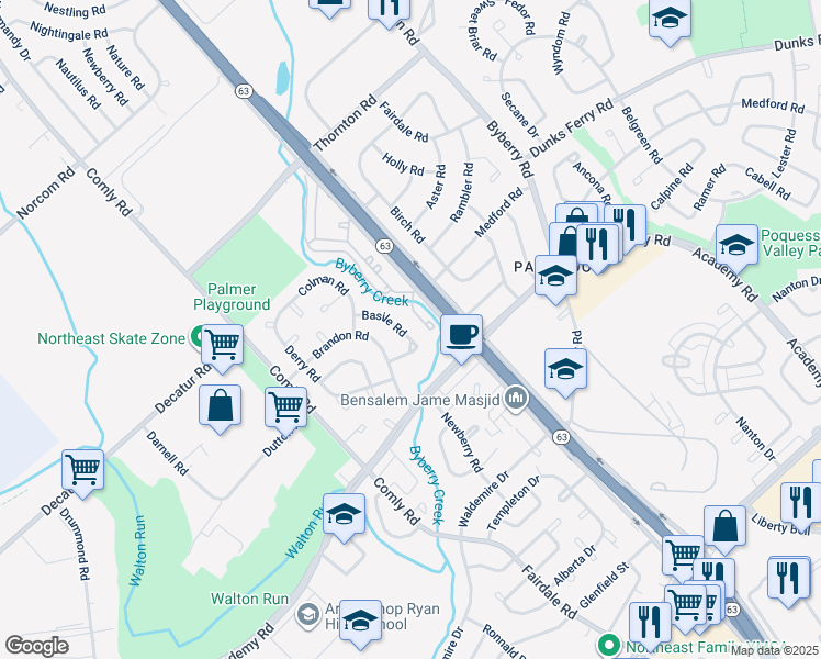 map of restaurants, bars, coffee shops, grocery stores, and more near 11844 Basile Road in Philadelphia