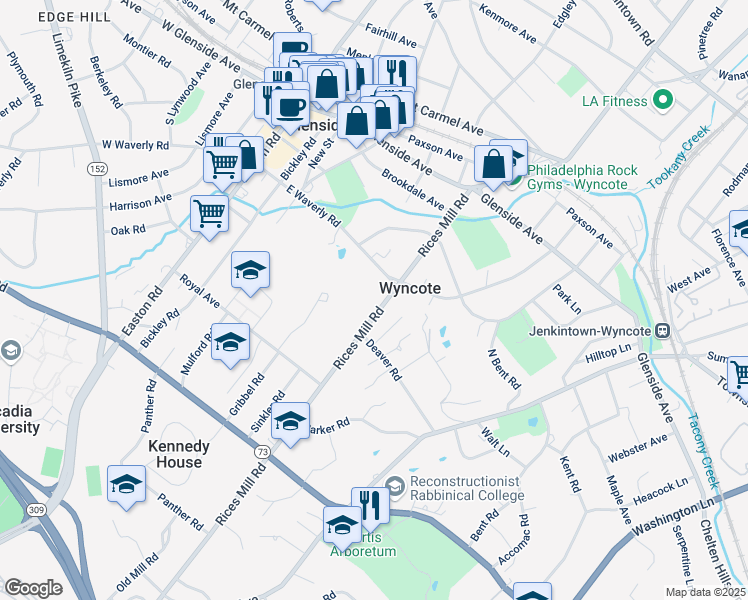 map of restaurants, bars, coffee shops, grocery stores, and more near 220 Rices Mill Road in Wyncote