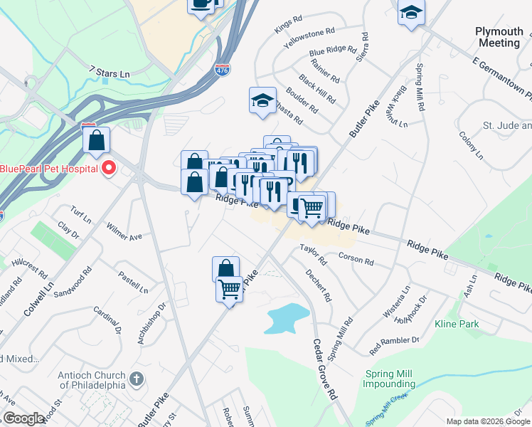 map of restaurants, bars, coffee shops, grocery stores, and more near 1860 Butler Pike in Conshohocken