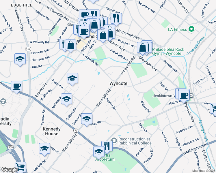 map of restaurants, bars, coffee shops, grocery stores, and more near 220 Rices Mill Road in Wyncote