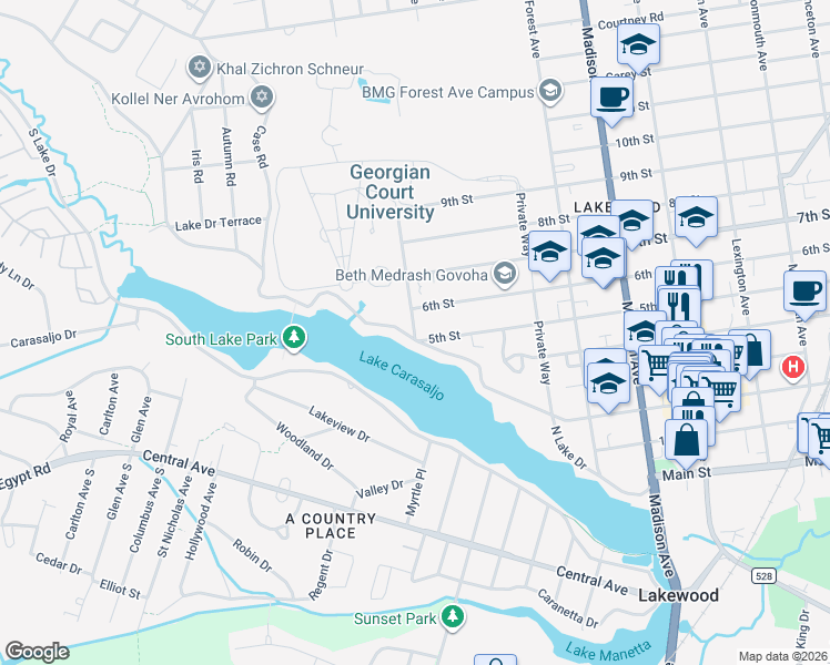 map of restaurants, bars, coffee shops, grocery stores, and more near in Lakewood Township