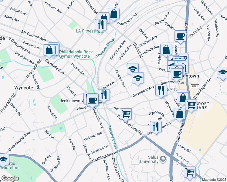 map of restaurants, bars, coffee shops, grocery stores, and more near 100 West Avenue in Jenkintown