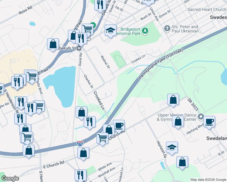 map of restaurants, bars, coffee shops, grocery stores, and more near 300 Manor Lane in King of Prussia