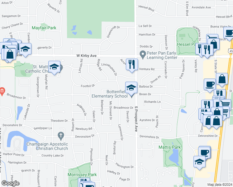 map of restaurants, bars, coffee shops, grocery stores, and more near 1807 Lynwood Drive in Champaign