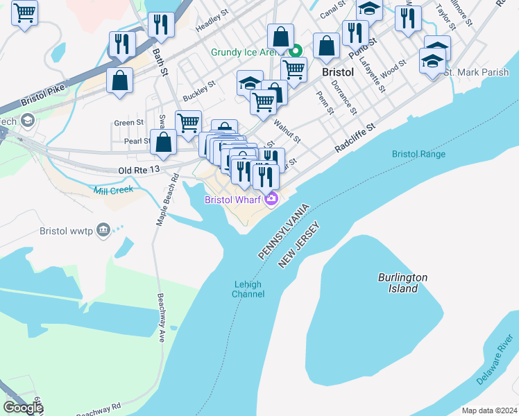 map of restaurants, bars, coffee shops, grocery stores, and more near 104 Basin Park in Bristol