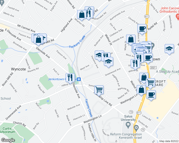 map of restaurants, bars, coffee shops, grocery stores, and more near 100 West Avenue in Jenkintown
