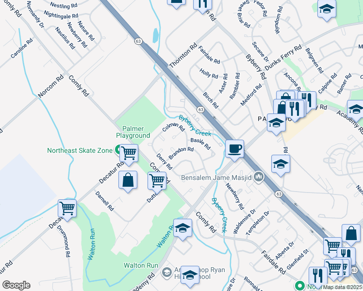 map of restaurants, bars, coffee shops, grocery stores, and more near 11768 Brandon Road in Philadelphia