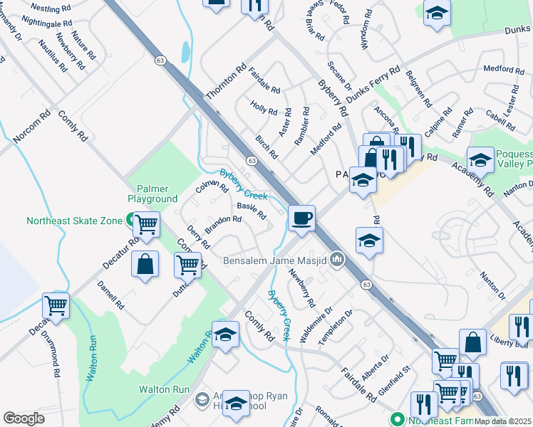 map of restaurants, bars, coffee shops, grocery stores, and more near 11844 Basile Road in Philadelphia