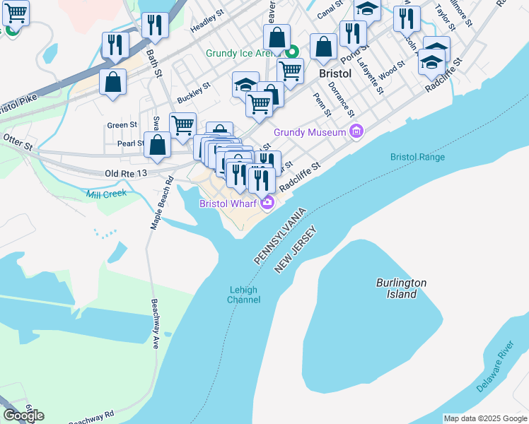 map of restaurants, bars, coffee shops, grocery stores, and more near 104 Basin Park in Bristol