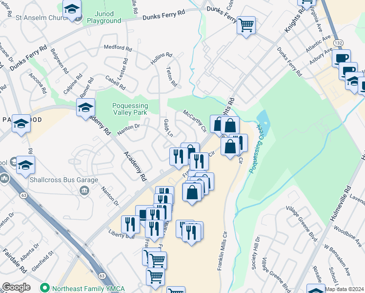 map of restaurants, bars, coffee shops, grocery stores, and more near 12803 McCarthy Circle in Philadelphia