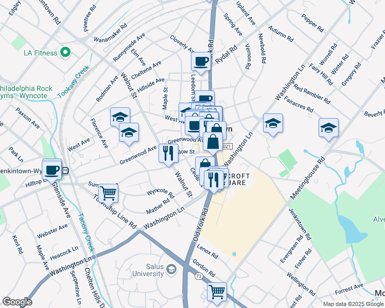 map of restaurants, bars, coffee shops, grocery stores, and more near 609 Summit Avenue in Jenkintown