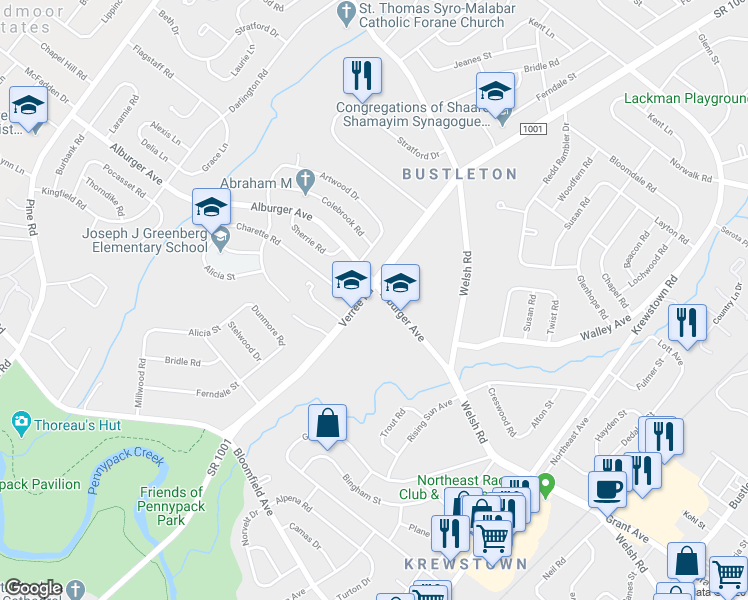 map of restaurants, bars, coffee shops, grocery stores, and more near 9001 Verree Road in Philadelphia