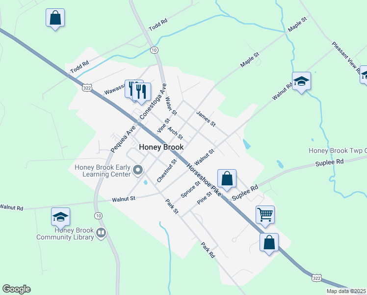 map of restaurants, bars, coffee shops, grocery stores, and more near 729 Chestnut Street in Honey Brook