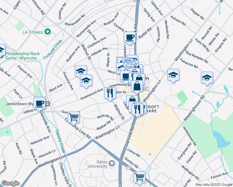 map of restaurants, bars, coffee shops, grocery stores, and more near 152 Walnut Street in Jenkintown