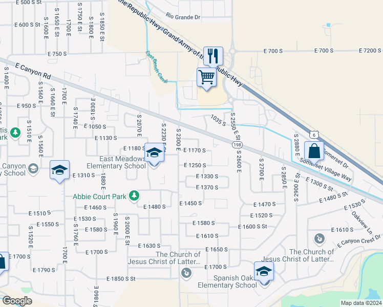 map of restaurants, bars, coffee shops, grocery stores, and more near 2346 East 1170 South in Spanish Fork