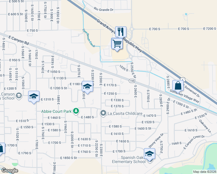 map of restaurants, bars, coffee shops, grocery stores, and more near 2346 East 1170 South in Spanish Fork