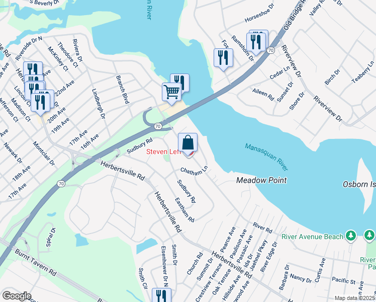 map of restaurants, bars, coffee shops, grocery stores, and more near River Road & Chatham Lane in Point Pleasant Beach