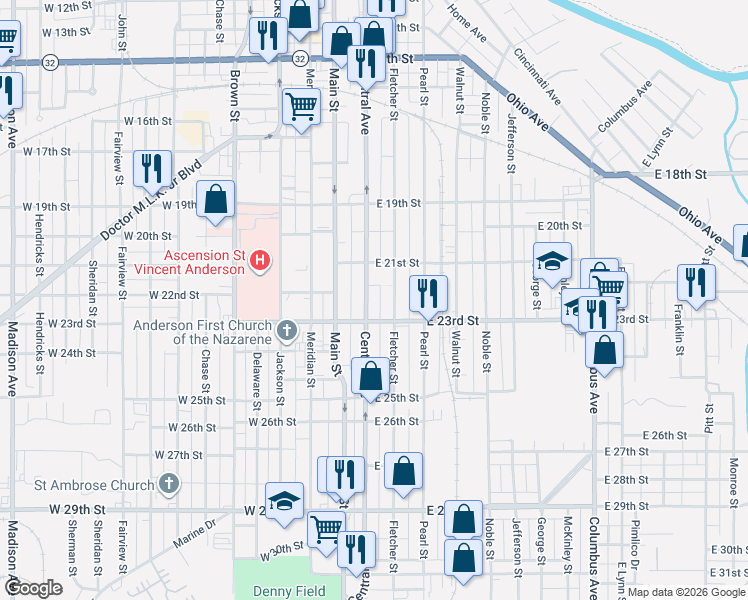 map of restaurants, bars, coffee shops, grocery stores, and more near 2221 Central Avenue in Anderson