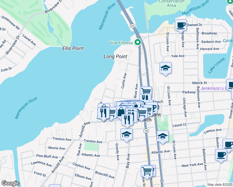 map of restaurants, bars, coffee shops, grocery stores, and more near 722 McLean Avenue in Point Pleasant Beach