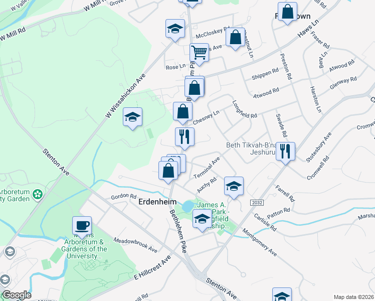 map of restaurants, bars, coffee shops, grocery stores, and more near 8 Yeakel Avenue in Erdenheim