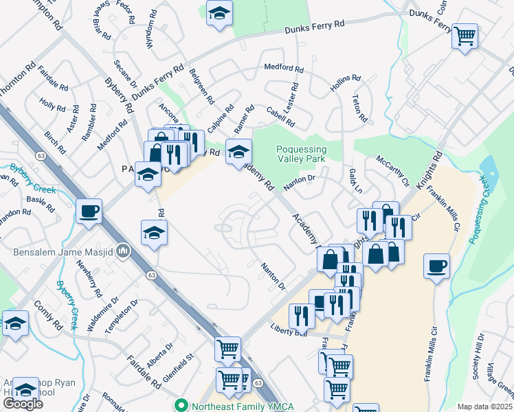 map of restaurants, bars, coffee shops, grocery stores, and more near 12566 Nanton Drive in Philadelphia