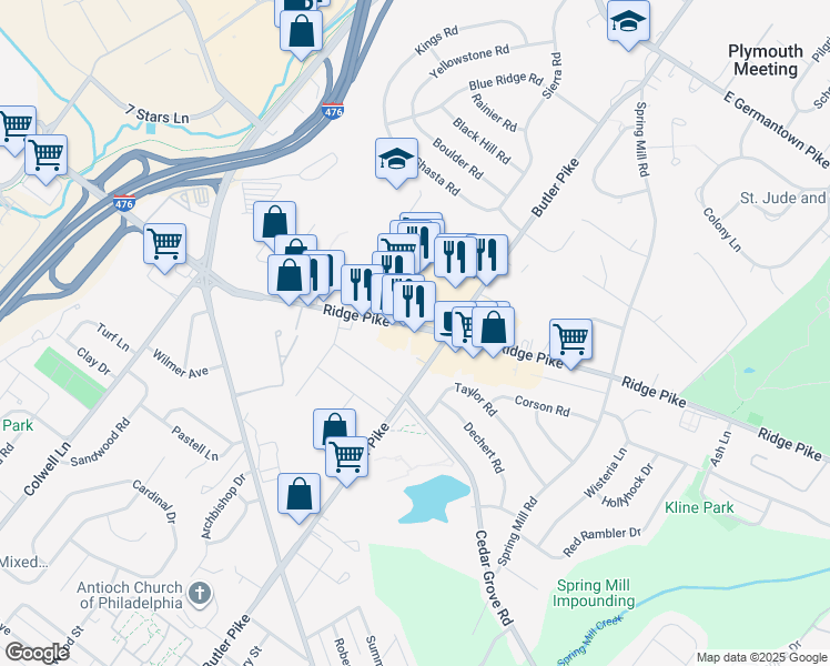 map of restaurants, bars, coffee shops, grocery stores, and more near 107 West Ridge Pike in Conshohocken