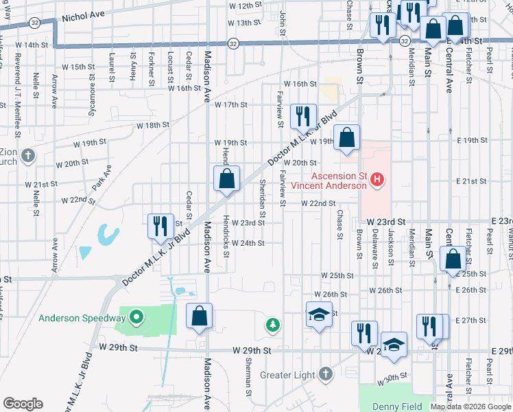 map of restaurants, bars, coffee shops, grocery stores, and more near 2111 Sheridan Street in Anderson