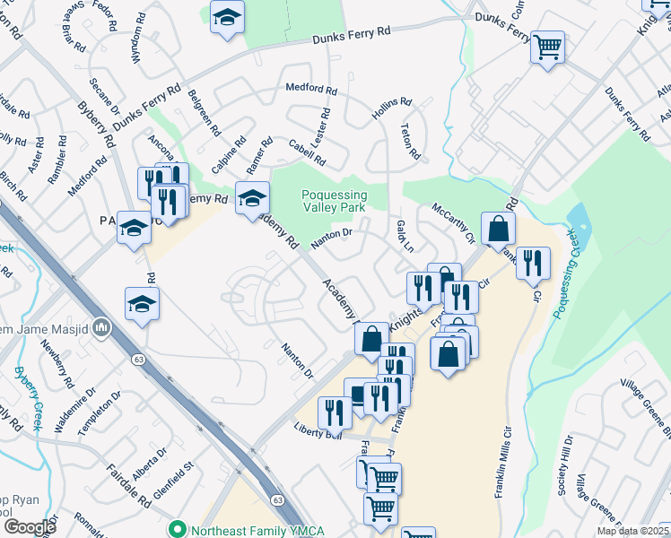 map of restaurants, bars, coffee shops, grocery stores, and more near 3624 Canby Drive in Philadelphia