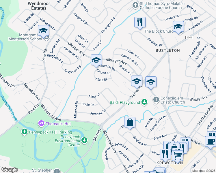 map of restaurants, bars, coffee shops, grocery stores, and more near 8926 1/2 Alicia Street in Philadelphia