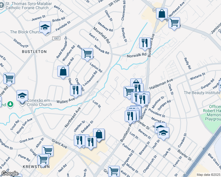 map of restaurants, bars, coffee shops, grocery stores, and more near 63 Marple Drive in Philadelphia