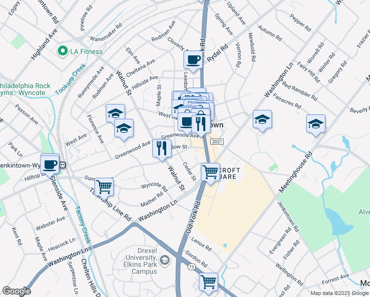 map of restaurants, bars, coffee shops, grocery stores, and more near 609 Summit Avenue in Jenkintown